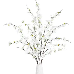 Artificial Cherry Blossoms 4 Pieces Artificial Cherry Blossom Stems Artificial Silk Cherry Blossom Branches 43inch Fake Flowers Long Stems for Vase Arrangements Home Wedding Table Decoration (White)