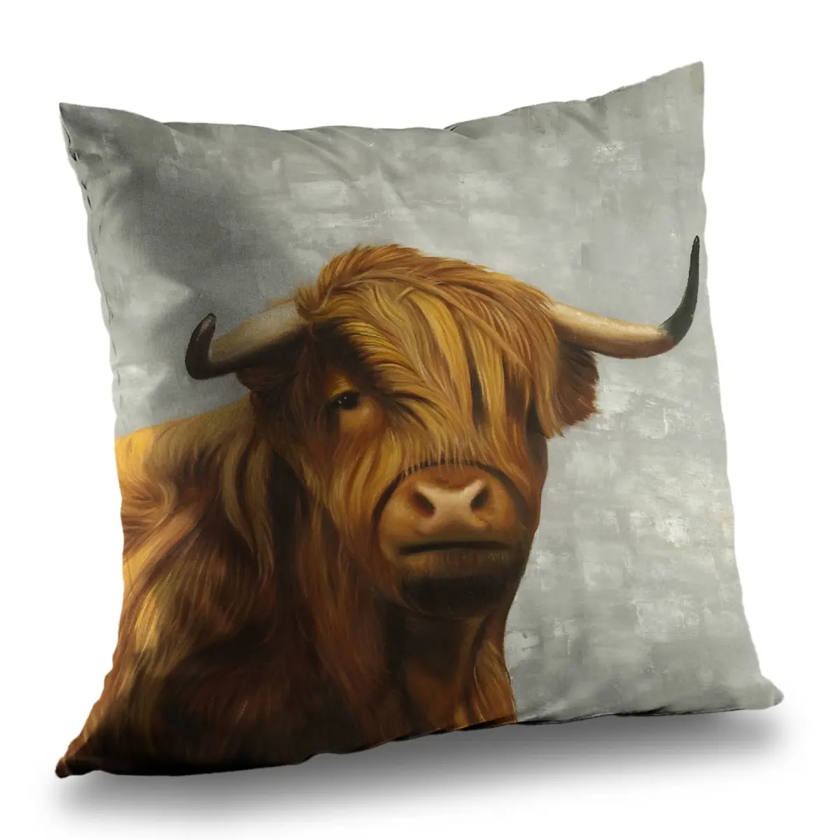 Begin Home Decor C1PT1414LKGJ5U 14x14 in. Highland Cattle Brown Cow Poly Twill Throw Pillow - Rustic Elegance Animal Motifs Accent for Bedroom, Living Room, Farmhouse