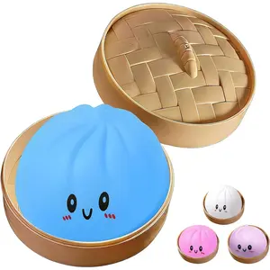 Dumpling Squishies Toy,Mystery Squishy Dumpling Box,Cute Anxiety Relief Fidget Toy,Jumbo Squishy Toy with Steamer Box,Soft Squeeze Decompression Dough for Adults& Kids (Blue)
