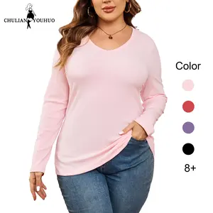 Chulianyouhuo 2026 Plus Size Ribbed Knit Tops for Women V Neck Long Sleeve Shirt Fall Slim Fitted Tees TikTokShopHolidayHaul Basic Soft Ladies Knitwear High Stretch Comfy Skinny Womenswear
