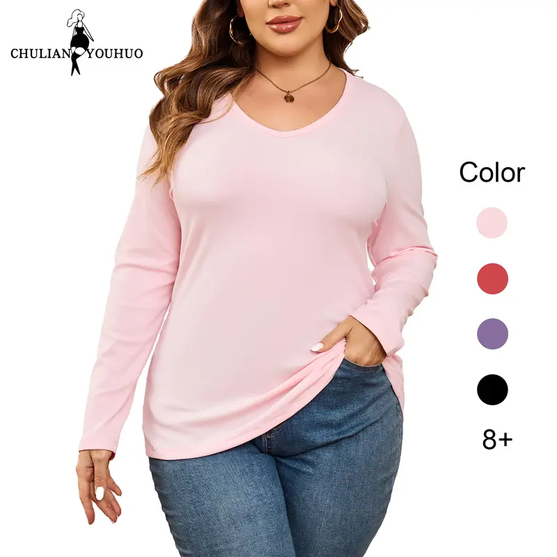 Chulianyouhuo 2026 Plus Size Ribbed Knit Tops for Women V Neck Long Sleeve Shirt Fall Slim Fitted Tees TikTokShopHolidayHaul Basic Soft Ladies Knitwear High Stretch Comfy Skinny Women，fall plus size clothesswear