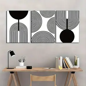 3 Pieces Scandinavian Abstract Geometric Beige Black Arch Line Art, HD Wall Mural, Architectural Home Art, Contemporary Gallery Decor, Neutral Tone Painting, Modern Abstract Design, Wall Decor for Home, Framed or Unframed