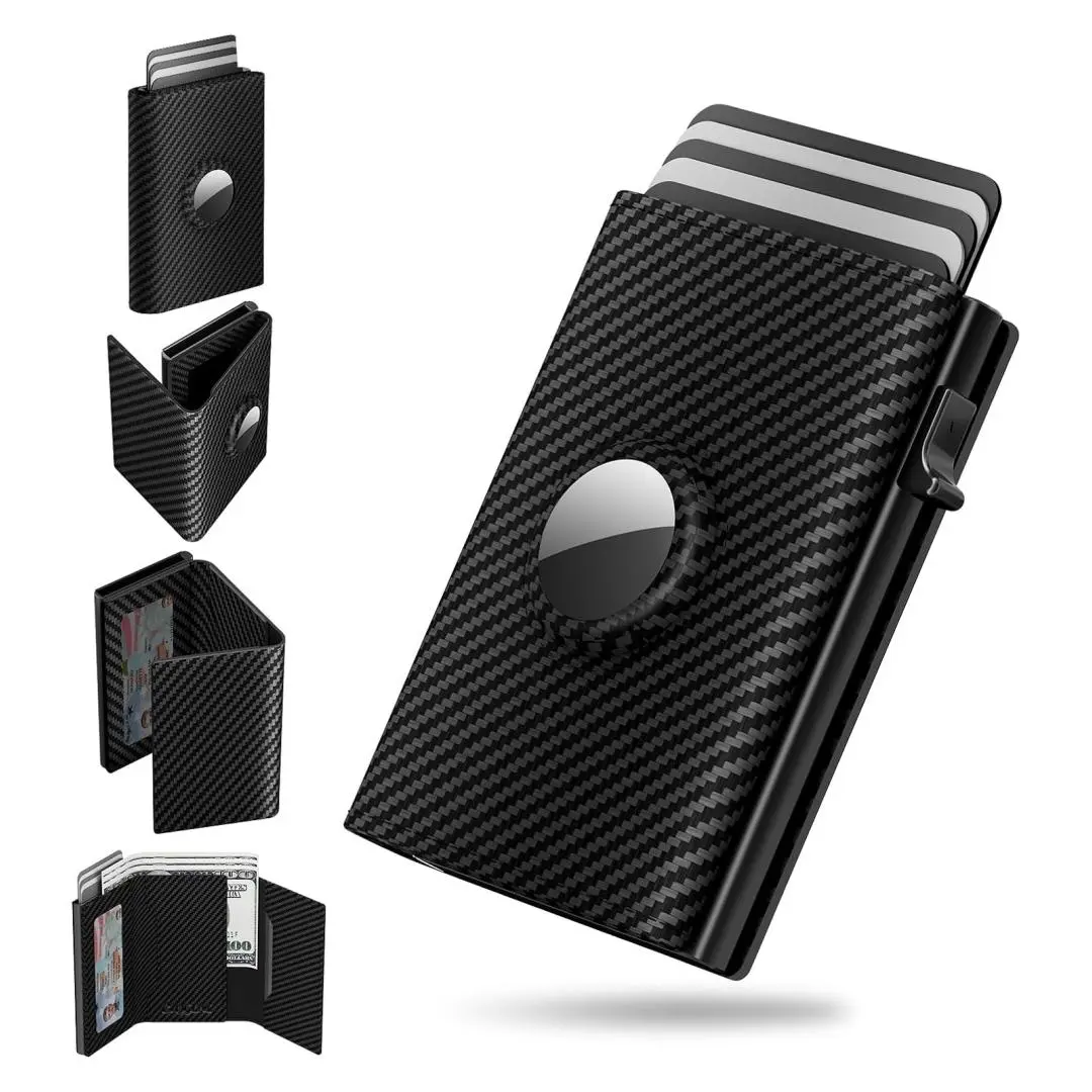 Wallet for Men Pop Up Card Case Mens Wallet Card Holder for Air Tag Slim Air Tag Wallet Top Genuine Leather Smart Minimalist 9-14 Card Capacity ID Window Cash Slot Compact