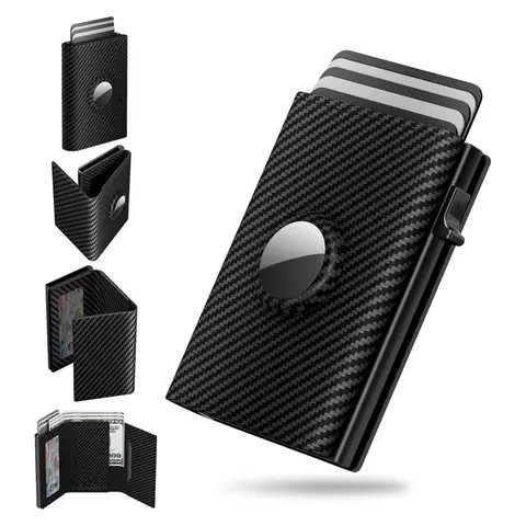 Men's Pop Up Wallet AirTag Holder Slim Leather RFID Protected, 9-14 Card Capacity, Instant Access ID Window Cash Slot, Compact Minimalist Genuine Leather Card Case