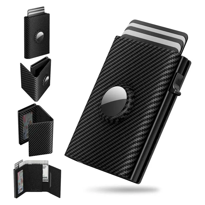 Men's Pop Up Wallet AirTag Holder Slim Leather RFID Protected, 9-14 Card Capacity, Instant Access ID Window Cash Slot, Compact Minimalist Genuine Leather Card Case