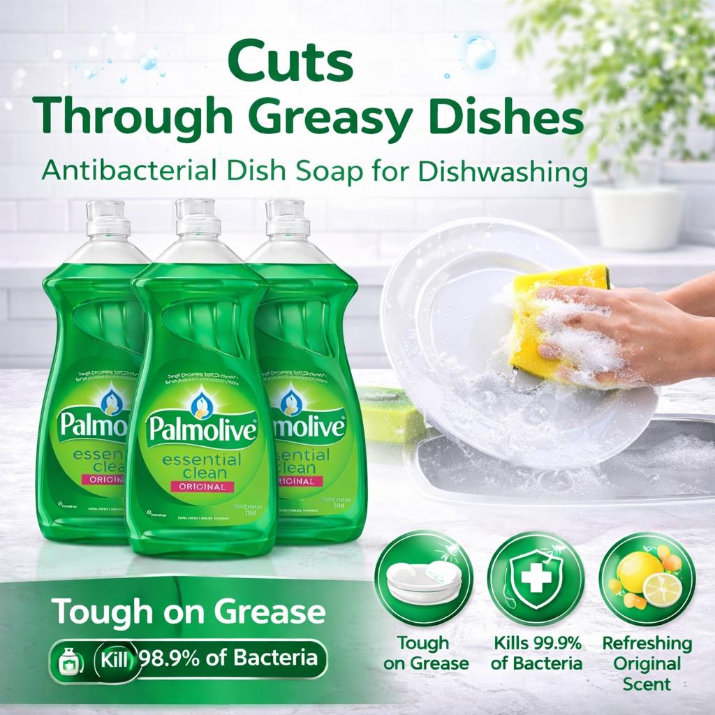 Palmolive Essential Clean Dish Soap Original Scent 28 oz (Pack of 3) – Antibacterial Dishwashing Liquid, Tough on Grease, Kitchen Cleaning Soap for Dishes & Cookware