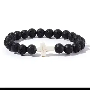 Natural Stone Bead Bracelet Christian Jewelry Lava White with White Cross Charm for Men and Women