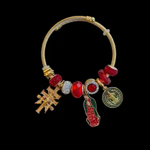 Red, San Benito, Virgen de Guadalupe y Cruz de Caravaca gold plated bracelet