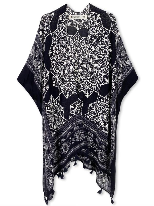 Women's Ethnic Pattern Kimono, Boho Casual Open Front Cover Up for Beach Vacation, Ladies Spring & Fall Clothes Women's Ethnic Pattern Kimono, Boho Casual Open Front Cover Up for Beach Vacation, Ladies Spring & Fall Clothes