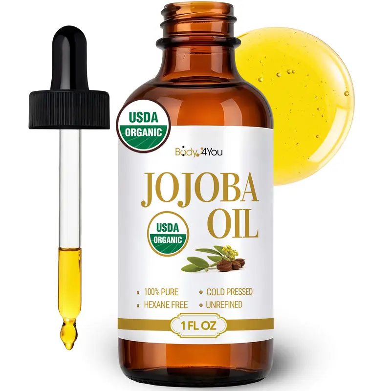BodyJ4You Organic Jojoba Oil - USDA 100% Pure Cold Pressed Unrefined, Face, Hair, Nails and Gua Sha - 1, 2, 4 or 16 oz