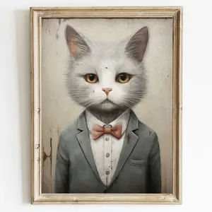 Cat Wall Art, Cat Nursery Print, Cat Wearing Suit, Kitten Wall Decor, Vintage Cat Art, Cute Kitten Painting Wall Decor, Unframed | 5 Size, 8x12 to 27x40 inch