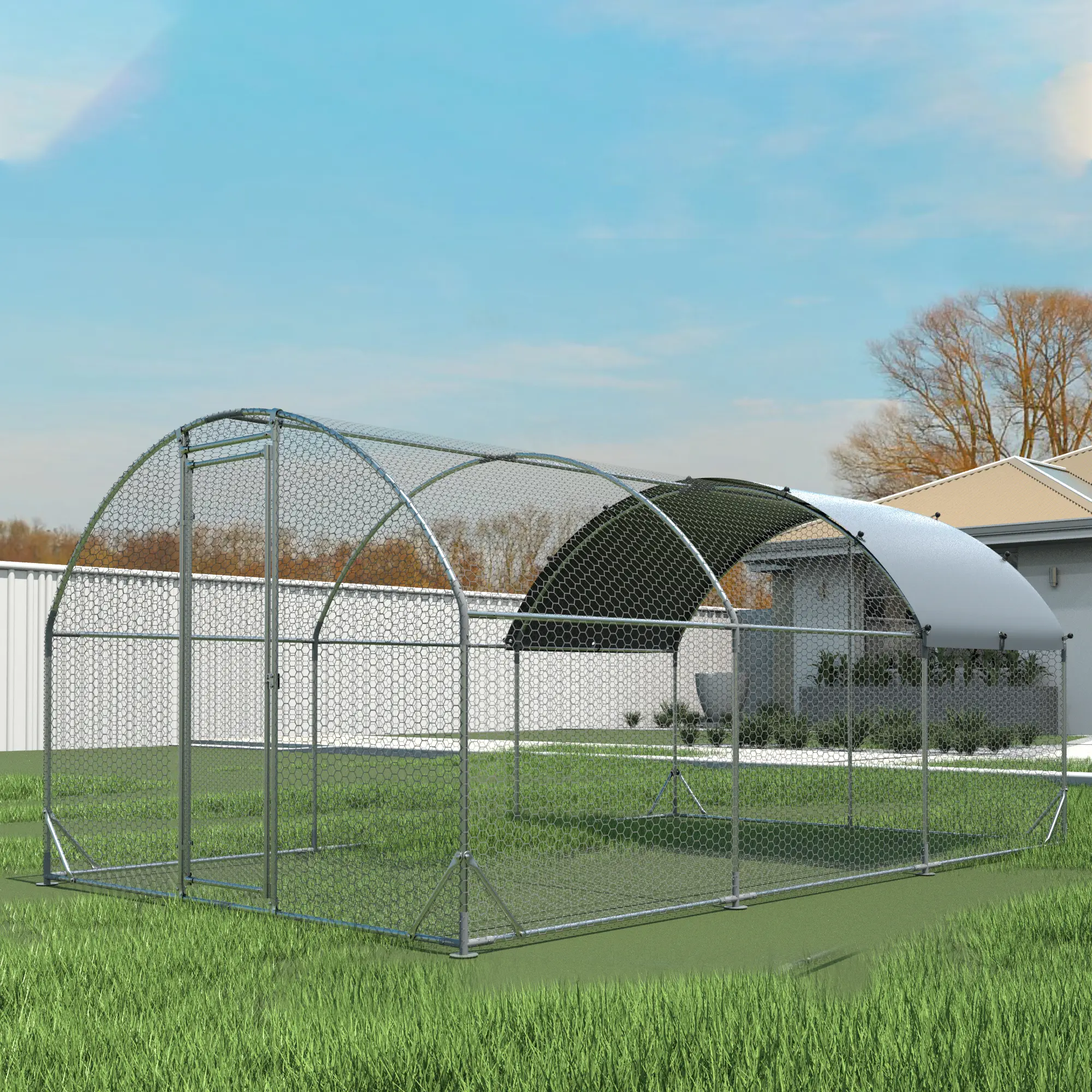 DOMISO Outdoor Chicken Coop,  Large Metal Animal House, Oxford Cloth Silver Plated Waterproof UV Protection, Walk-in Chicken Runs for Yard