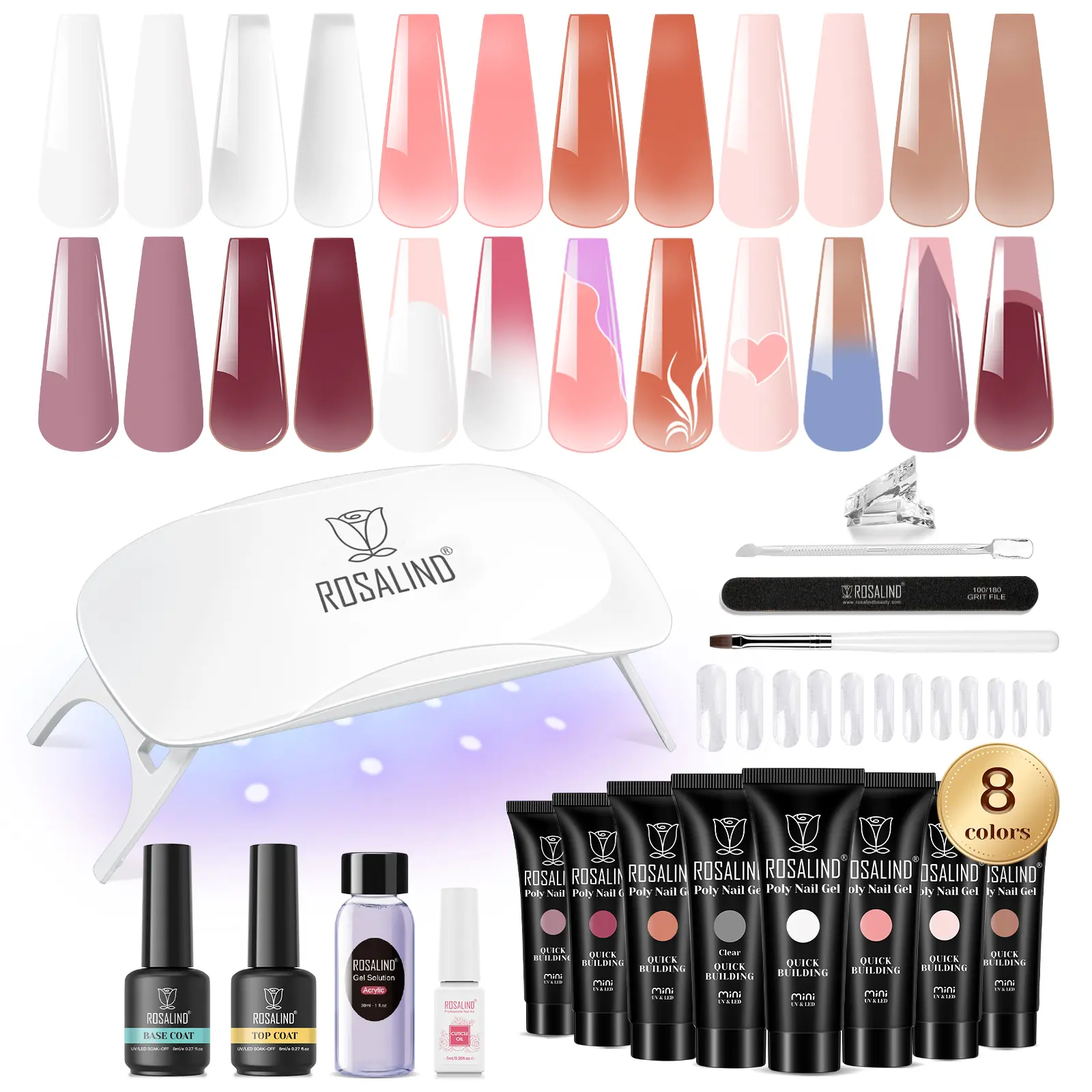 ROSALIND 8 Color Poly Extension Gel Nail Starter Kit With Base & Top Coat, Nude Pink White Brown Shades, Manicure Tools Complete Poly Nail Gel Kit for DIY Nail Art & Salon Use