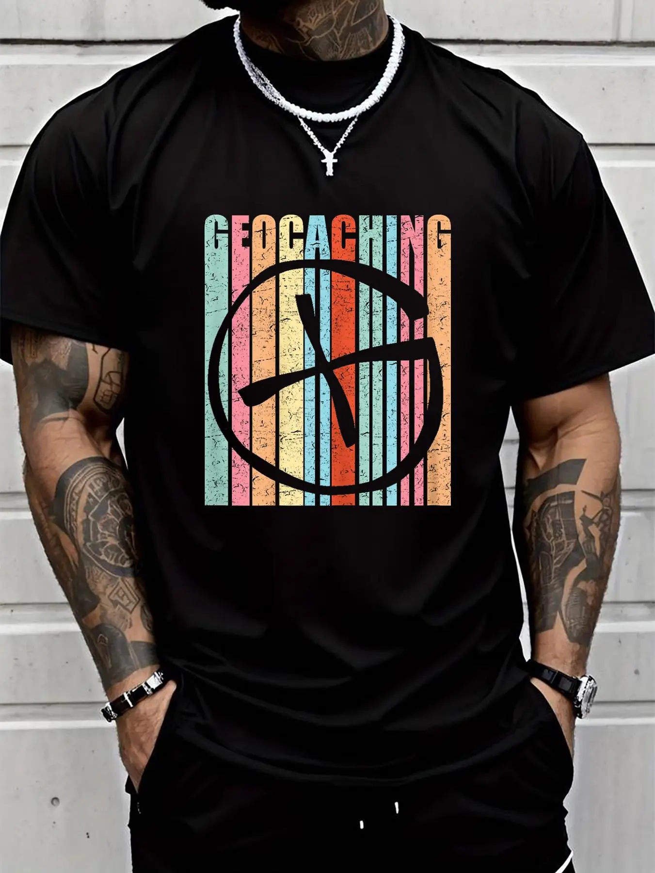 100% cotton Geocaching Shirt Funny Geocaching Vintage Distressed Gift T-Shirt Men Graphic T-Shirt Cotton Print short Sleeve Casual Top, Summer Tee Mens Tops