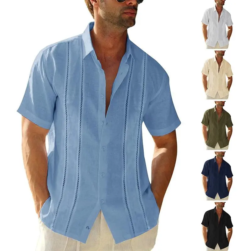 PASLTER Men's Short-Sleeve Linen-Cotton Fabric Button-Down Shirt - Traditional Mexican Embroidered, Relaxed Fit, Soft, Cuban Wedding & Summer Casual Kurta Top