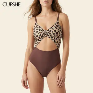 CUPSHE TikTokShopSpringGlowUp Leopard Top Brown Bottoms,V Neckline,Cutout One-Piece Monokini Stylish Beachwear Drawstring Back High Waisted Swimwear Summer Swimsuit Beach Bathing Suit