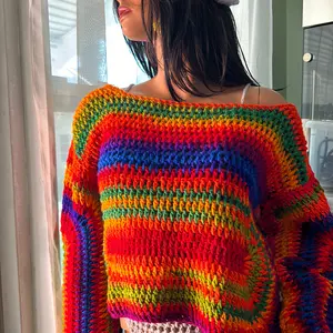 Rainbow cozy knit trendy Crochet Scrap Cropped Multicolored Sweater for Women - Knitwear