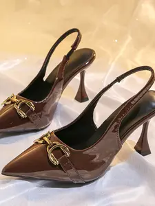 Women's Pointed Toe Slingback High Heels Brown Patent - Gold Buckle Decoration Irregular Thin Heel Design Elegant for Commuting and Dating