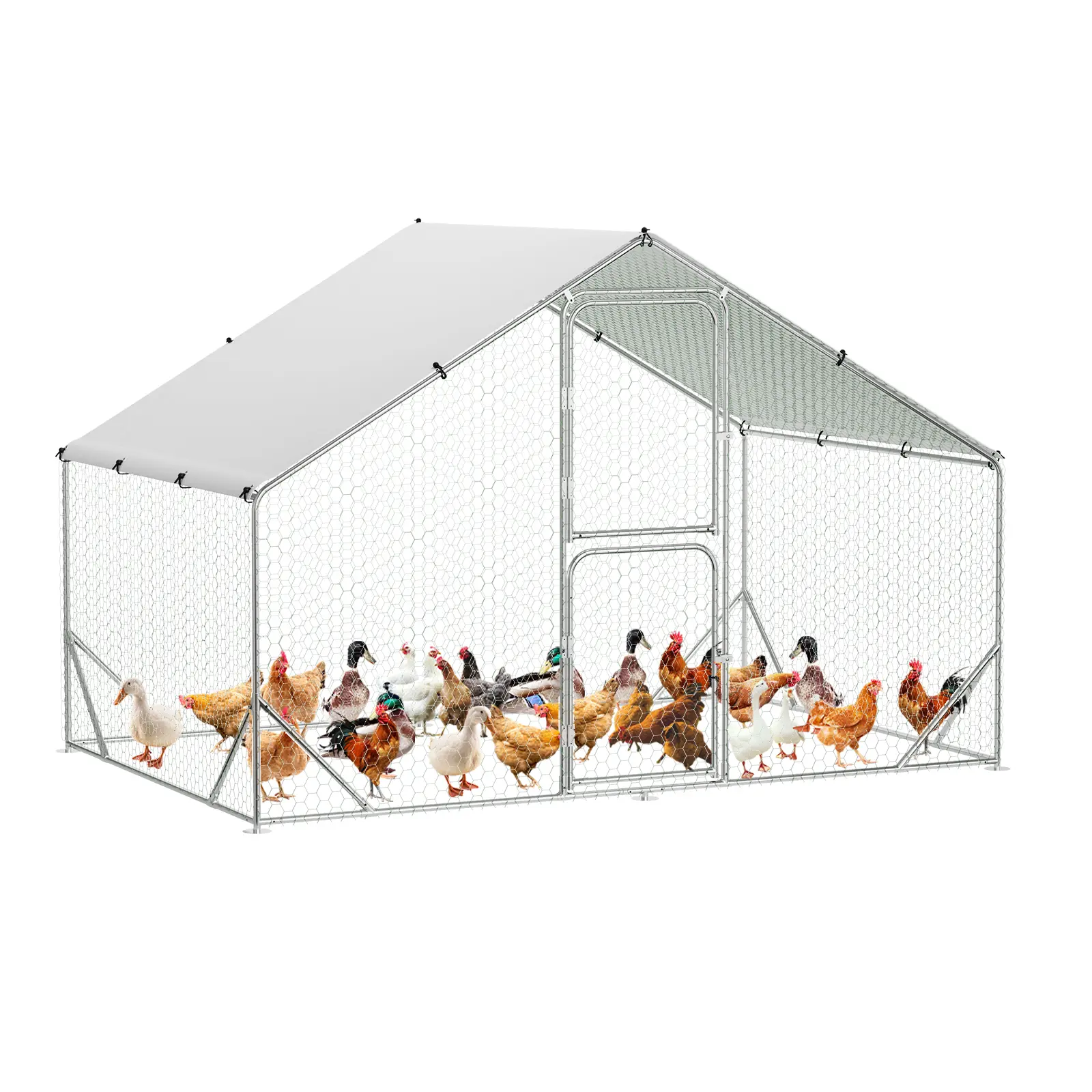 Metal Chicken Coop Run, Outdoor Walk-In Poultry Cage with Waterproof, Anti-UV Cover, Double Door Chicken Pens, Spire-Shaped Duck and Rabbit House for Backyard, Farm