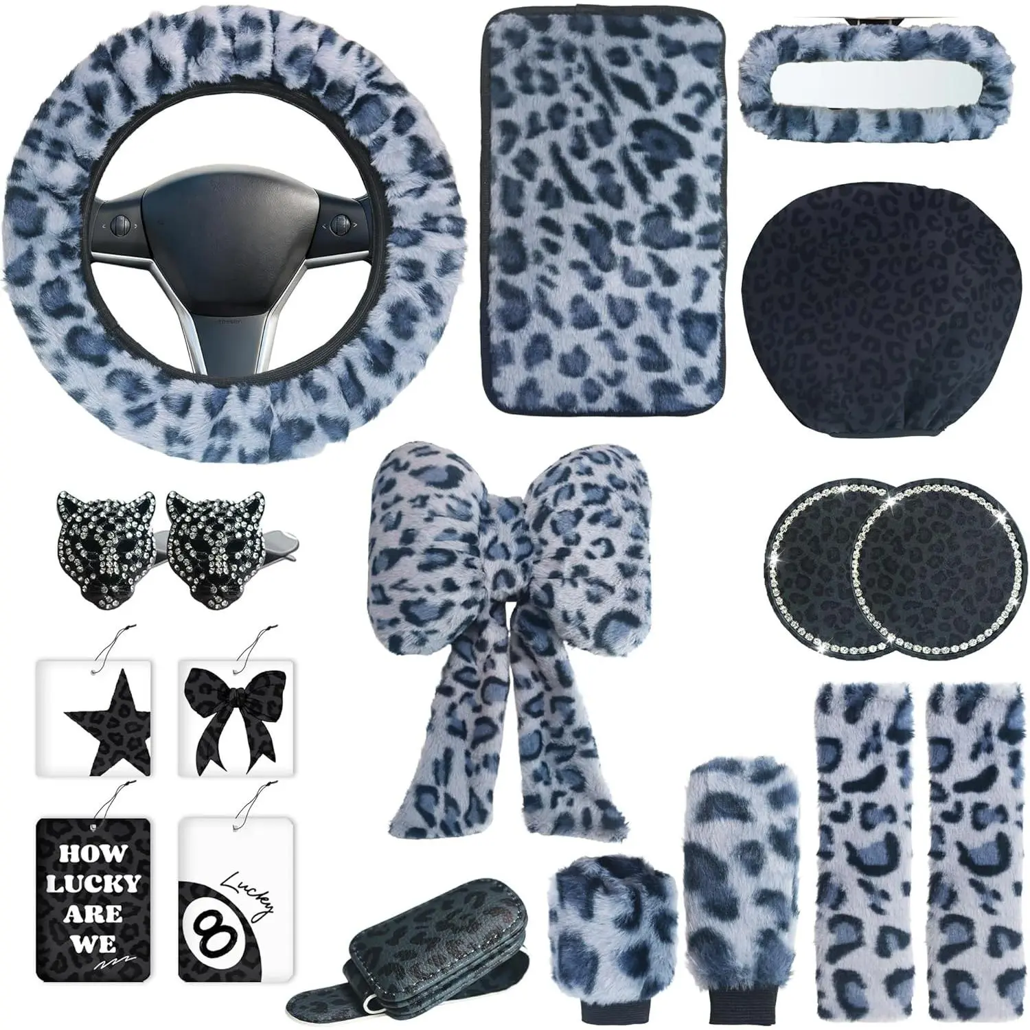 Women's 19-Pcs Fluffy Girl Car Accessories Set - Soft and Comfortable Leopard Print Steering Wheel Cover (15–16" Wheel Fit), Plush Head Pillow, Pillowcase, Eyeglasses Clip, Car Interior Decoration (Black&Grey)