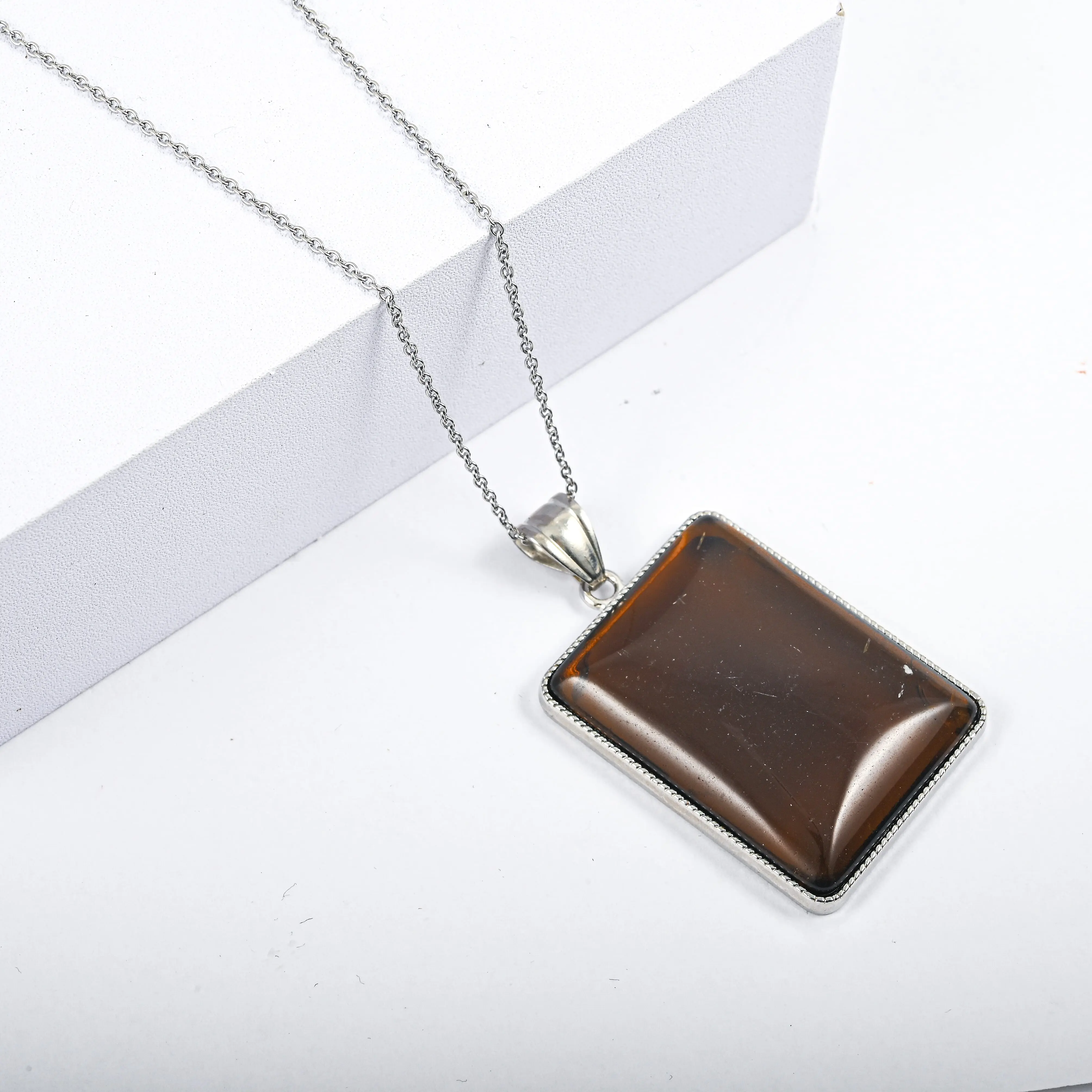 Rectangle Sun Rock Rainbow Picasso Jasper 80.00 ctw Pendant in Silvertone with Stainless Steel Necklace 20 Inches