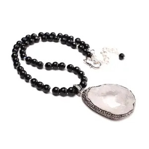 White Druzy Agate, Geode Pendant 33x50mm, CZ Rhinestone Pave, 8mm Black Onyx 18" with 3" Extension Necklace
