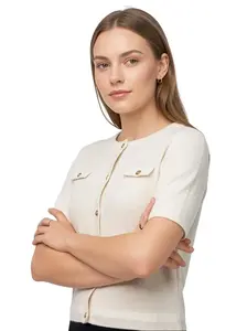 HILOGO Women's Breathable Short-Sleeve Knit Cardigan - Cream, Pearl Button Front, Pockets, 100% Polyester Lightweight Womenswear Summer Sweater Jacket for Casual Wear