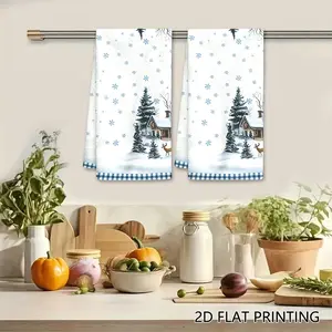 2PC  Winter Snowy Cabin and Deer Landscape Swedish Dishcloth, Blue Checkered Holiday Reusable Absorbent Cellulose Sponge Wipe, Kitchen Cleaning Cloth