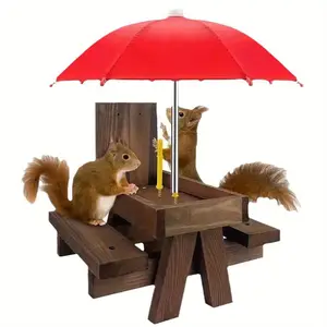 Squirrel feeding table with umbrella fun squirrel picnic table feeding wooden squirrel feeder for outdoor garden yard