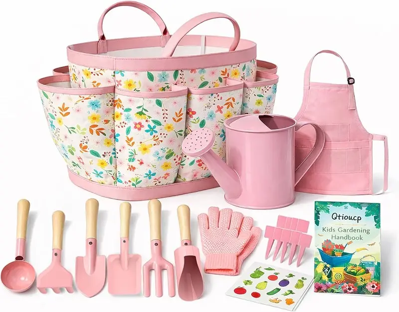 14-Piece Kids Gardening Play Set with Tote Bag, Watering Can, Shovel, Apron, Garden Book & More – STEM Educational Outdoor Toy for Toddlers (Floral)