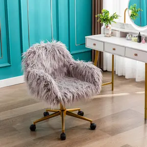 【GOOGREAT】HengMing Modern Faux fur home office chair, fluffy chair for girls, makeup vanity Chair with Gold Plating Base