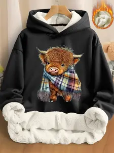 Unisex Winter Hooded Sweatshirt, Long Sleeve, Lamb Fur Thick Coat, Cow Print Scarf, Warm Anti-Cold, Street Style Fitted Jacket, Casual Streetwear Sweatshirt, Graphic Casual, Casual Cozy Sweatshirt