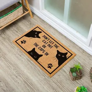 Funny Don’t Let The Cat Out or The Cops in Entryway Outdoor Floor Mat with Heavy-Duty PVC Backing Non Slip Cursive Natural Coconut Coir Brown Mat with Black Font