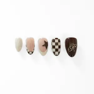 Ranch Hand Collective Colt Press On Nail Set - 32 Neutral brown and cream western cowboy themed, French tip, star and checkered, cowboy hat nails