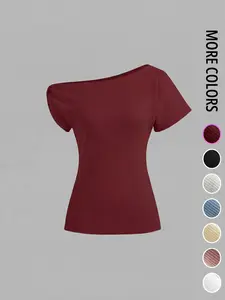 【Graduation Season】Women's Asymmetrical Off-Shoulder Knit T-Shirt Top, Perfect for Daily Casual Outings, Dates, Vacations, Back-To-School Season