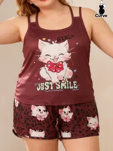 Summer Plus Size Fashion Women's Homewear Loungewear Cute Cartoon Cat Print Spaghetti Strap Camisole and Shorts Pajama Set, Comfy Daily Wear, Nightwear