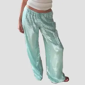 Sequin Pants for Women Low Rise Sparkly Glitter Wide Leg Disco Pants Party Dance Bottoms Wave Outfits Bling Drawstring