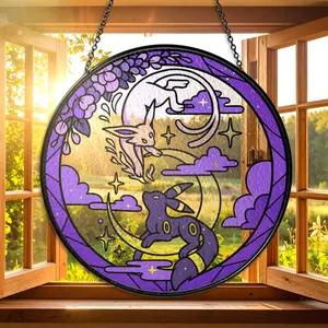 Espeon and Umbreon Moon and Star Stained Glass Window Hanging Espeon Umbreon Suncatcher Anime Home Decor Gift Espeon and Umbreon Decor gift