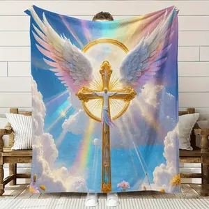 1pc Angelic Floral Print Flannel Blanket - Soft, High-Definition Digital Print, All-Season Comfort, Perfect Gift for Friends & Family, Machine Washable, 200-250gsm, Cozy Home Decor, Comfortable Bedding, Serene Bedroom Accessory, D