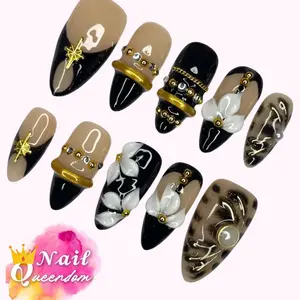 Nail Queendom[GLAMOUR BLOOM] Handcrafted 3D Press-On Nails Reusable Long Lasting Salon Quality Easy Application 10 Pieces Set Eco-Friendly 3D-gel Finish