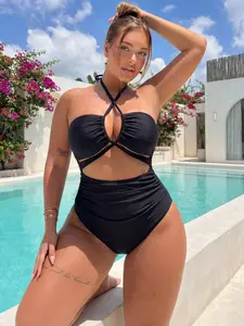 Plus Size Sexy One Piece Swimsuit, Adjustable Strap Backless Design, Leopard Patchwork Style for Beach Vacations & Photos, Swim Bodysuit, Solid Backless Swimsuit, Adjustable Straps Swimsuit