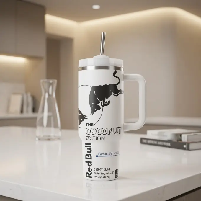 RB Energy Drink Inspired 40oz Tumbler, Coconut Edition Travel Mug, Insulated Stainless Steel Cup with Handle & Straw, Viral Energy Drink Lover Gift, Leakproof Coffee Tumbler