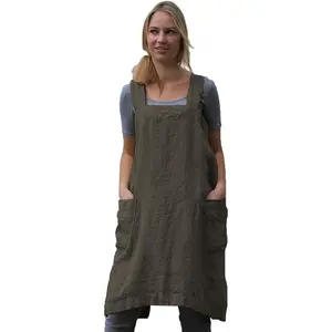 Women's Pinafore Square Apron with 2 Pockets Baking Cooking Gardening Works Cross Back Cotton/Linen Blend Dress