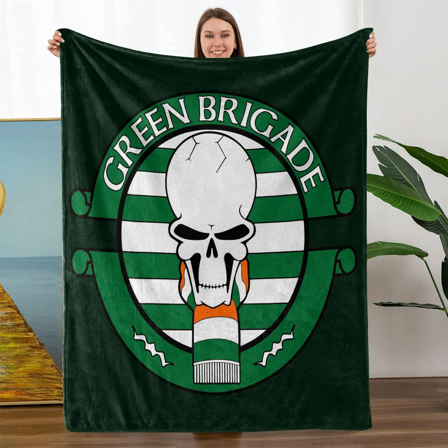 Comfortable Flannel Blanket, Cozy Blanket Throw, Celtic Fc Theme Skull Pattern, Digital Print, Perfect for Living Room and Camping