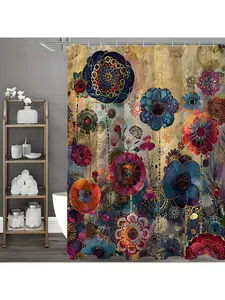 One Piece Of Retro Creative Mandala Green Plant And Flower Printed Waterproof Shower Curtain, Curtain With 12 Hooks Curtain For Windows Bathroom Decor