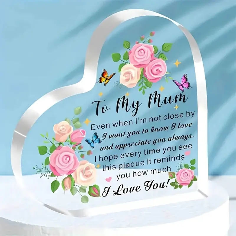 Heart-Shape Iron-Acrylic Decorative Artificial Floral Arrangement Plaque - Home Decor with Floral-Butterfly Design, English Mother-Focused Inscription, Glam Sentimental Gift for Wardrobe, Kitchen, Study, Mother's Day