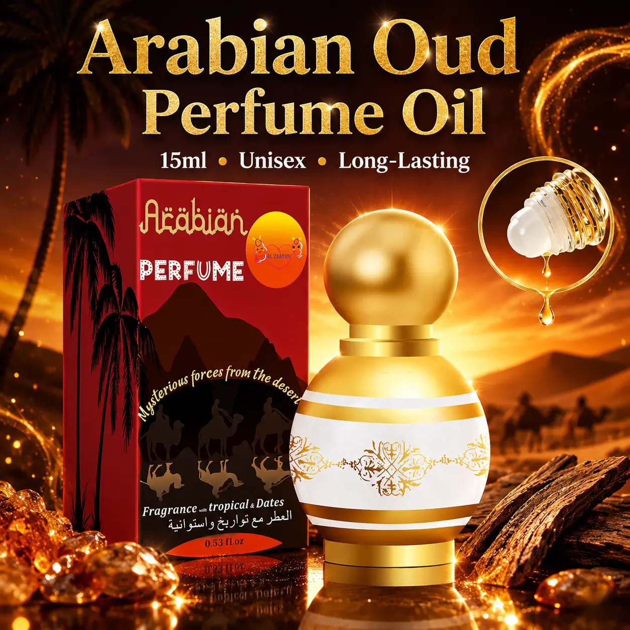 Desert Oud Concentrated Perfume Oil, Unisex Woody Arabian Scent Roll-On, 15ml Mini Travel Size Men's Fragrances, Mini Travel Products