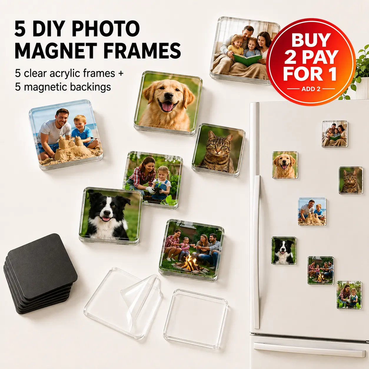 DIY Clear Acrylic Photo Fridge Magnet Kit, Personal Picture Refrigerator Magnets Set, Custom Picture Frame Craft Supplies for Home Decor, Family Pets Pictures Display & Memorial Gifts!
