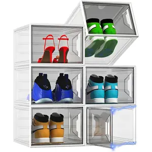 XL Large Stackable Shoe Boxes - Clear Shoe Boxes with Door, Thicken Shoe Organizer for Closet, Saving Foldable Shoe Containers Bins for Sneaker Boot - 6 Pack(White)