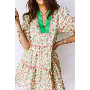 Green Contrast Neckline Ricrac Trim Floral Short Puff Sleeve Dress